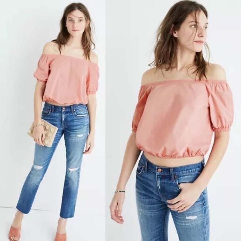 Madewell bubble shoulder top pink cotton